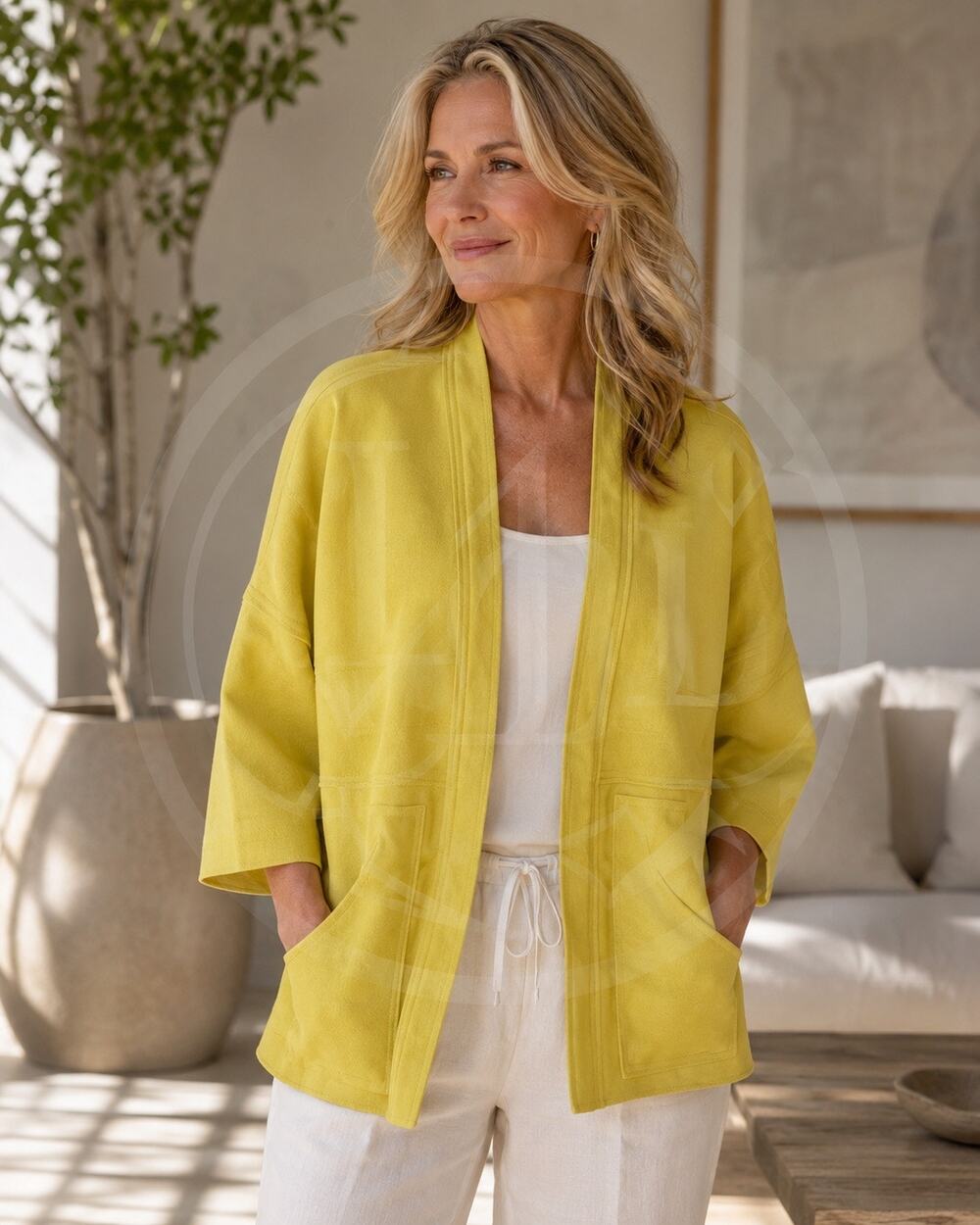 Joan Vass Faux Suede Open Front Jacket M Chartreuse Quiet Luxury Coastal Chic